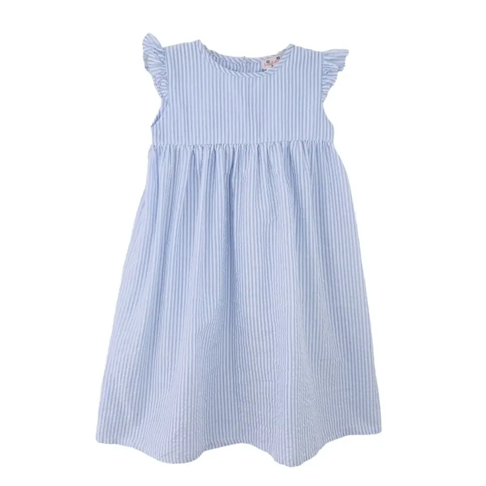 Smock Monkey Girls Seersucker Dress Size 10 Blue White Stripe Summer Sleeveless